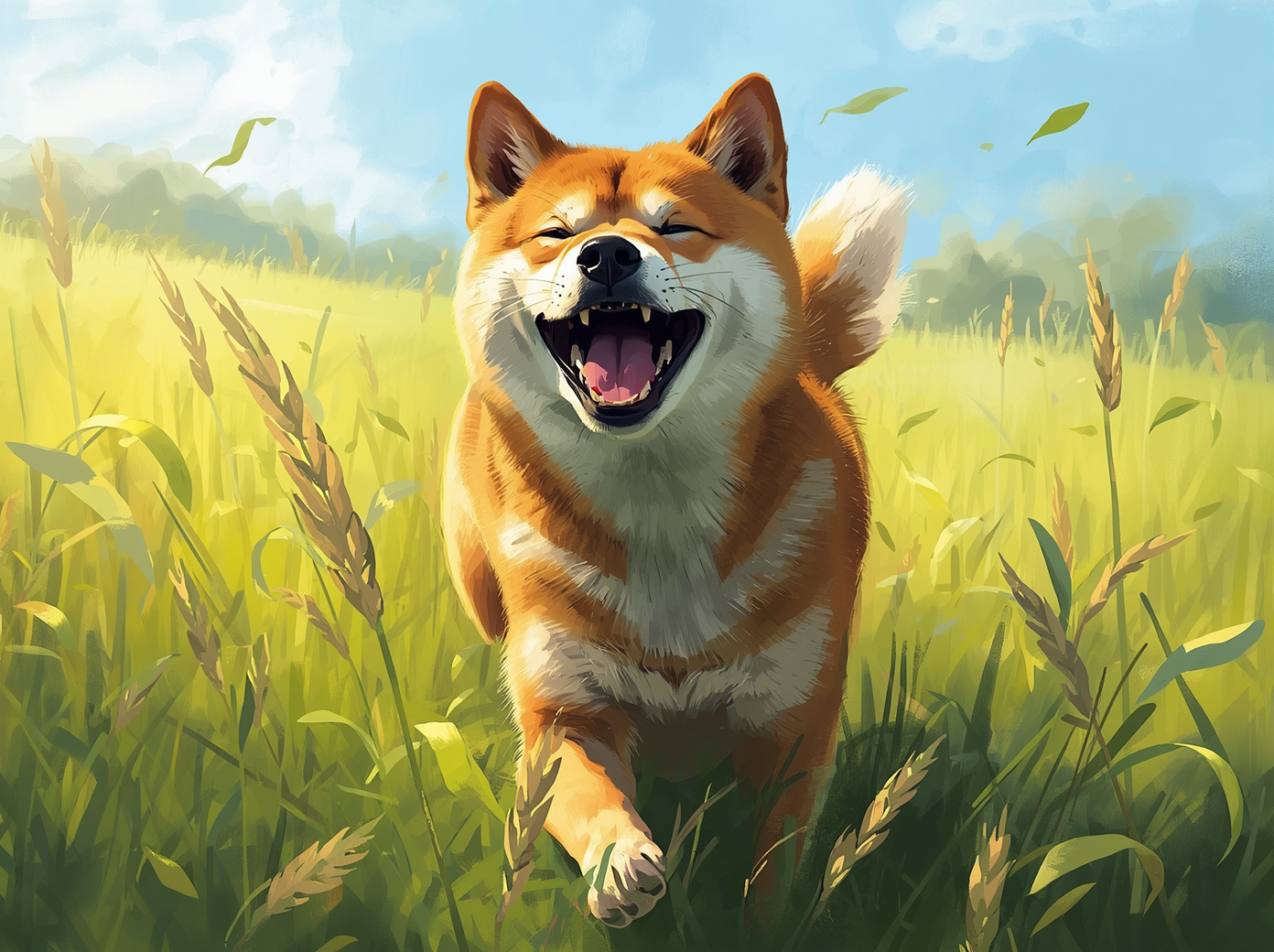 草むらを走る柴犬