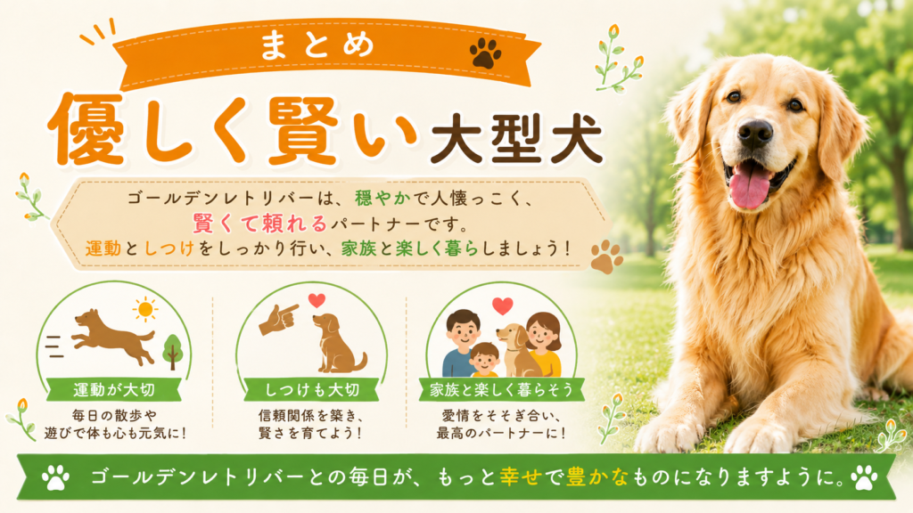 まとめ｜ゴールデンレトリバーは優しく賢い一方、運動としつけが大切な大型犬