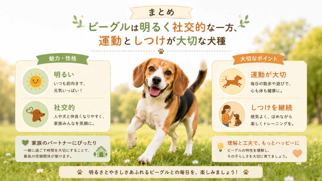 ビーグルは明るく社交的な一方、運動としつけが大切な犬種