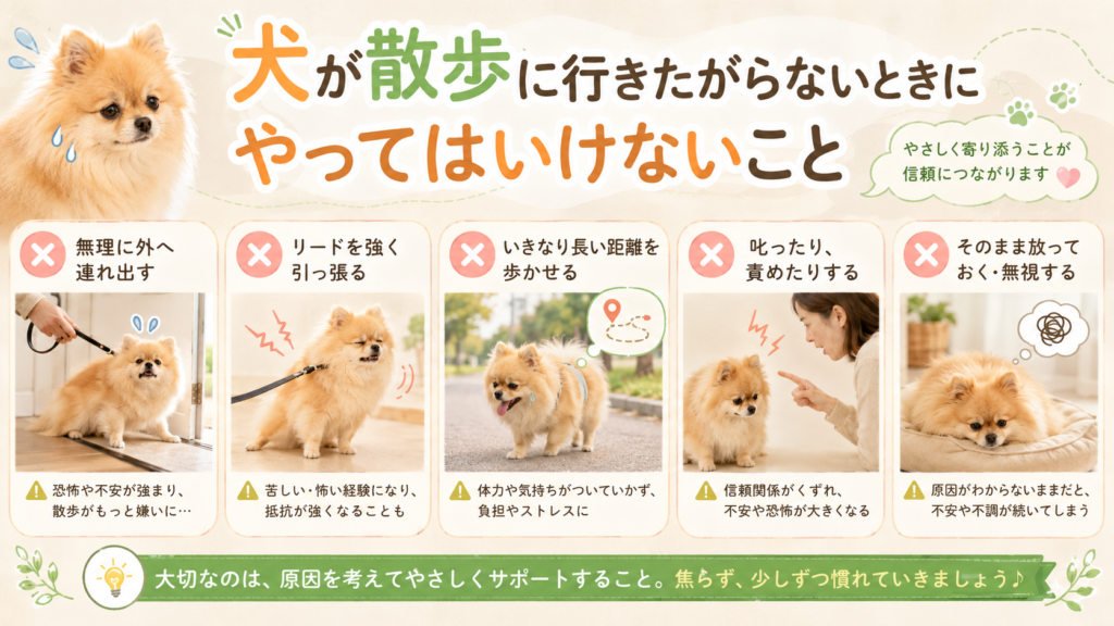 犬が散歩に行きたがらないときにやってはいけないこと